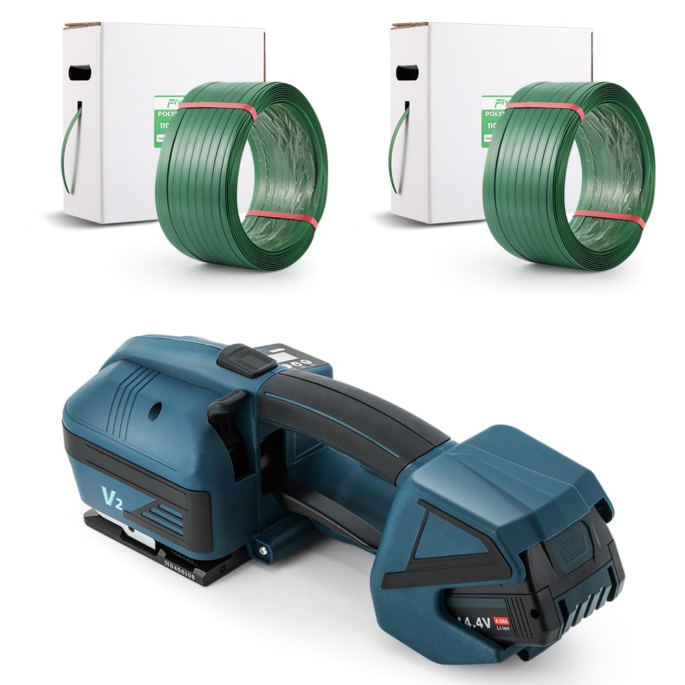 Flyrivergo 4000mah Electric Strapping Machine + Two 1046' Polyester(PET) Heavy Duty Strapping Roll (Adaptive)