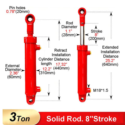 RHKING 2x8 Hydraulic Cylinder 3 Ton Double Acting Welded Hydraulic Cylinder 2" Bore x 8" Stroke with 3/8" JIC 37°(9/16"-18 Thread) Hydraulic End Connectors Maximum Thrust Force 6613lbs