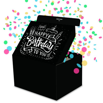 FETTIPOP Gift Box Surprise Exploding Confetti Kit (Black Premium) Happy Birthday, Prank Pop Up 7.2x5.5x4.3 in.