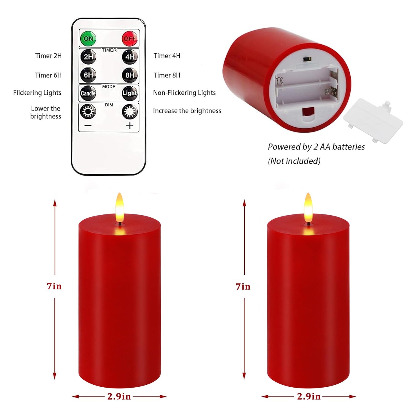 VEEKI Red Flameless Candles, Set of 2 7"x3" Flickering LED Candles with Remote & Timer, Dimmable Real Wax Electric Pillar Candles Battery Operated, Candles Light for Home Christmas Decor (Red)