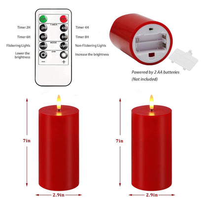 VEEKI Red Flameless Candles, Set of 2 7"x3" Flickering LED Candles with Remote & Timer, Dimmable Real Wax Electric Pillar Candles Battery Operated, Candles Light for Home Christmas Decor (Red)