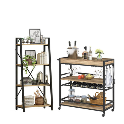 BON AUGURE Bar Cart for The Home, Bar Serving Carts on Wheels with Industrial Ladder Shelf Bookcase, 4 Tier Rustic Ladder Bookshelf, Standing Leaning Book Shelves for Living Room (Vintage Oak)