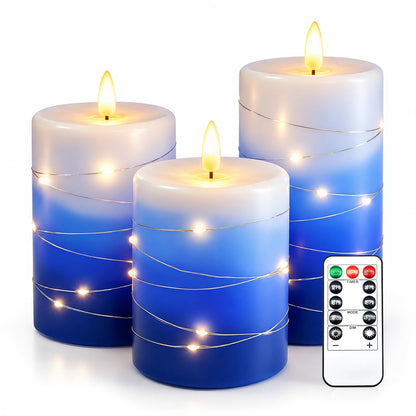 haitanghua flameless Candle Set of 3, with Fairy Light String, Remote Control Timer, Real Wax LED Candle Pillars, 3D Flame Effect, Battery Operated, Gradient Blue Home Decor Candles