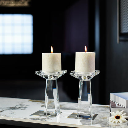 Marvala Crystal Taper/Pillar Candle Holders Set of 2, Heavy Solid Hand Cut Candle Stands Set, 6.3 Inches Height, Table Centerpiece Home Decor for Wedding, Dining, Party, Clear