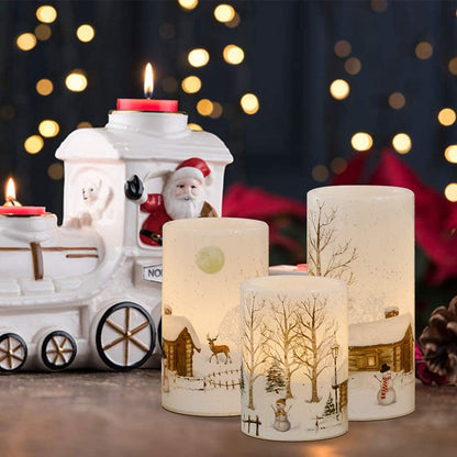Eldnacele Snowman Christmas Deco Flameless Flickering Candles with Automatical Daily Cycle Timer, White Battery-Operated LED Pillar Candles Snowman Decals 3 Pack (D3” x H 4” 5” 6”)