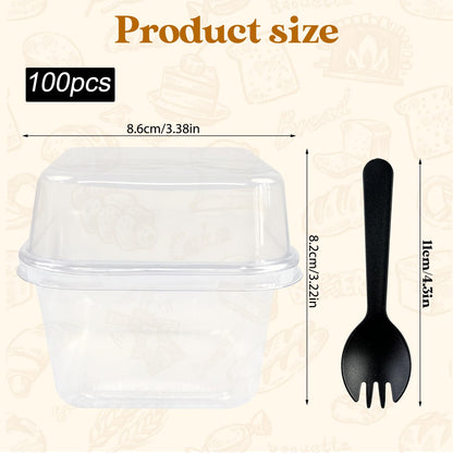 100 Pack Disposable Clear Plastic Cups Ice-cream Cups with Lids and Sporks, 8 oz Square PET Sundae Dessert Cups for Iced Coffee Cold Drinks Frozen Yogut Fruits Jello Snacks Bubble Boba Juice Milkshake