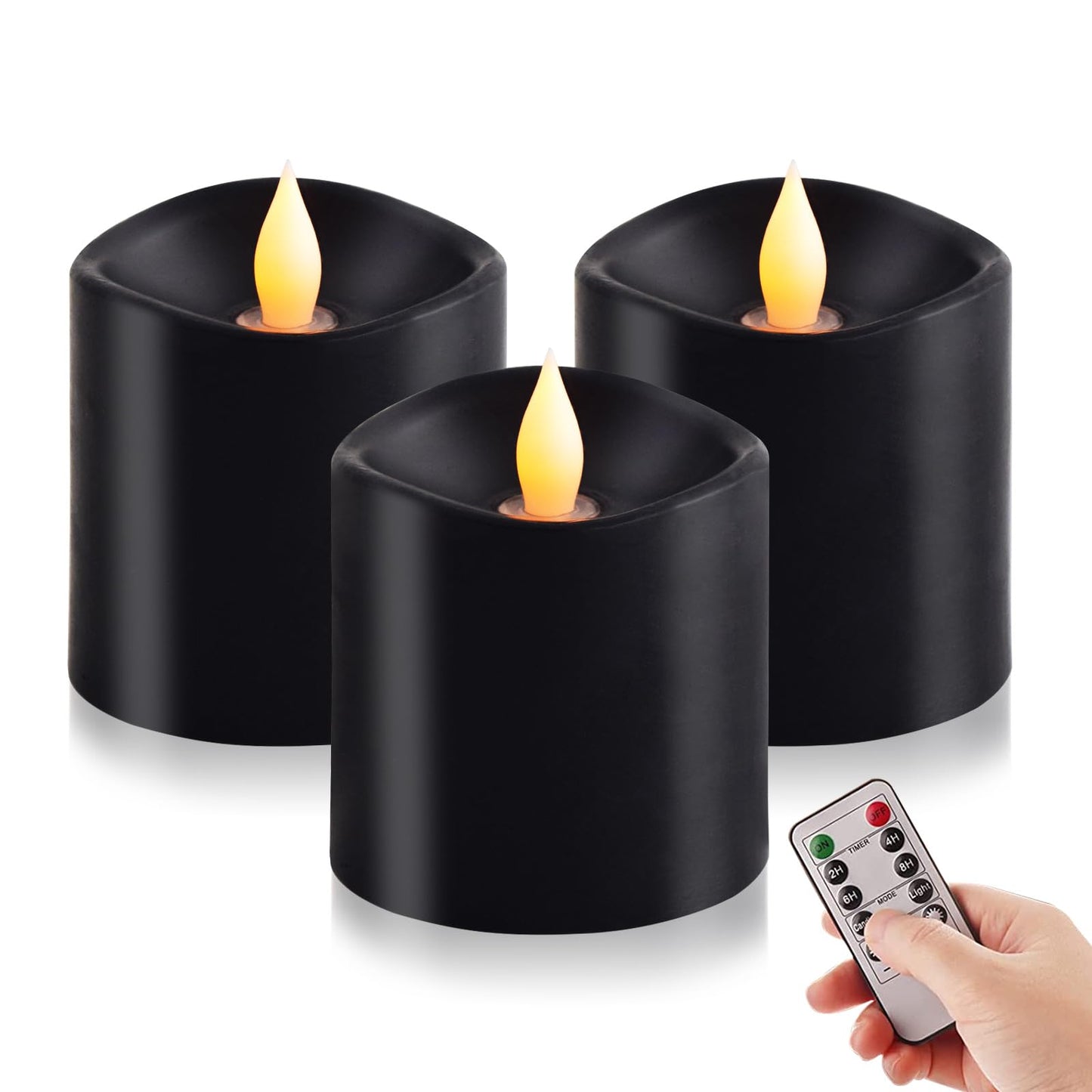 ASLDOIWEH 3x3 Flickering Flameless Candles Set of 3, 2AA Battery Life 600 Hours Battery Candles Flickering with Timer, 3 inch Flameless Candles with Remote for Indoor/Outdoor, Black