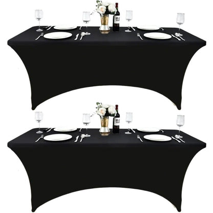 ZarzaaSik 2-Pack 4ft Black Spandex Table Covers for Rectangular Folding Tables - Wrinkle Resistant Stretch Tight Table Cloths - Ultimate Fitted Table Protector for Parties, Banquet, and Wedding