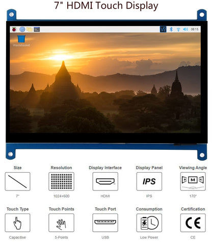 waveshare 7inch HDMI LCD IPS Capacitive Touch Screen 1024×600 Display Monitor Compatible with Raspberry Pi 5/4B/3B+/3B/Pi Zero W/Zero 2W/Pico/Pico W/Pico 2/Pico 2WJetson Nano/Win10/8/7,etc.