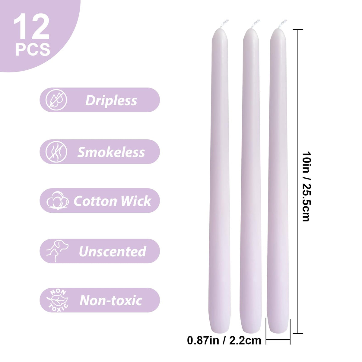 12-Pack Pale Purple Taper Candles, 10 Inch Unscented Dripless Candlesticks, Long-Lasting Burn Time of 6-7 Hours, Perfect for Home Décor, Weddings, and Events