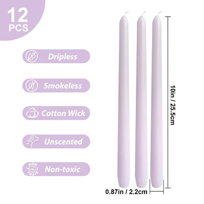 12-Pack Pale Purple Taper Candles, 10 Inch Unscented Dripless Candlesticks, Long-Lasting Burn Time of 6-7 Hours, Perfect for Home Décor, Weddings, and Events