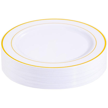 bUCLA 30PCS White and Gold Plastic Dinner Plates Disposable - 10.25inch Premium White Gold Rim Plates, Ideal for Wedding & Party