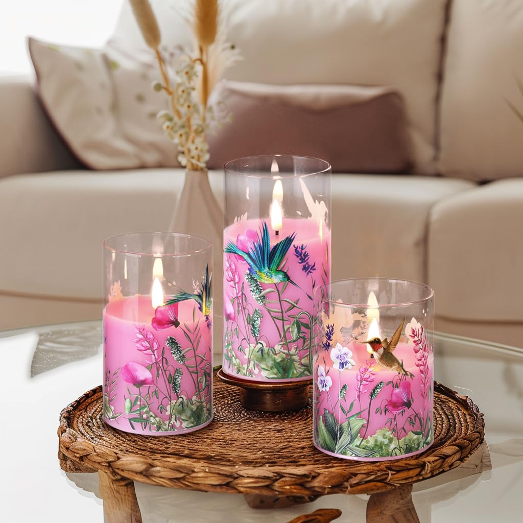 Eywamage Pink Hummingbird Floral Glass Flameless Candles with Remote, Flickering Battery LED Pillar Candles Set of 3, Spring Home Decor
