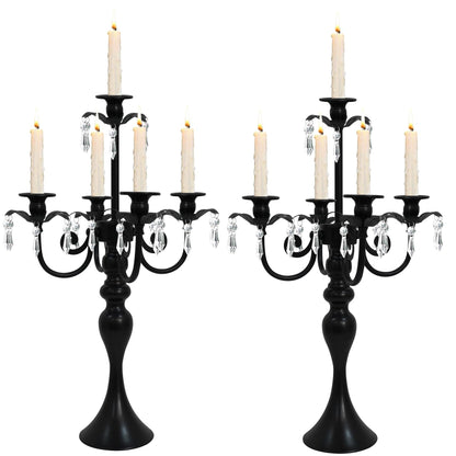 2Pcs Candelabras Centerpieces for Tables, 20" Tall Candlestick Holder for Taper Candles, 5 Arm Crystal Candelabra Candle Holder for Wedding Centerpiece Decor Party Event Reception Decoration (Black)