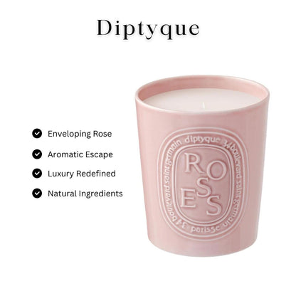 Diptyque Roses Candle 600g Porcelain jar Luxury Candle 100h Burn time 21.1 oz, Pink