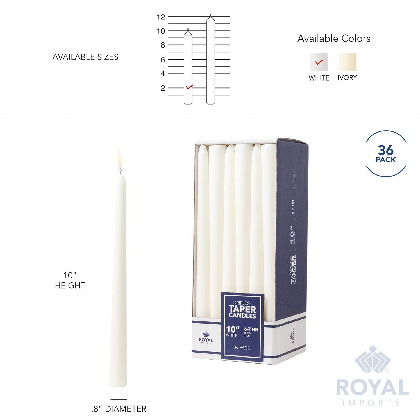 Royal Imports Unscented Taper Candles, Elegant Premium Quality, Dripless & Smokeless, Hand-Dipped Dinner Candles for Wedding, Holiday, Home Decor - 7 Hour Burn Time - Set of 36 (10 Inch, White)