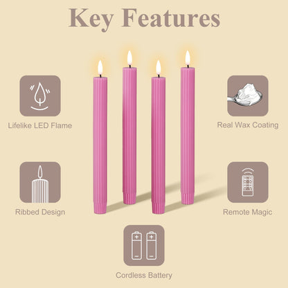Girimax Hot Pink Ribbed Fluted Flameless Taper Candles with Remote, Flickering Battery LED Wax Candlesticks Wedding Home Decor Set of 4
