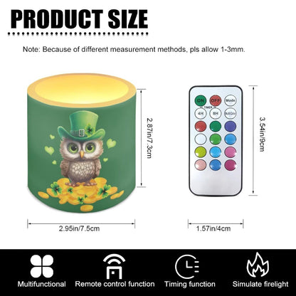 Merkmak 4 Pack Flickering Flameless Candles with Timer and Remote Battery Operated LED Candles St Paddy's Day Tea Lights for Party, Banquet, Home Decoration, Owl Gold Shamrocks Print