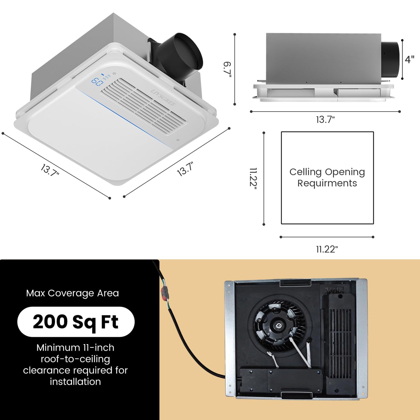 LIVSGREE 5-IN-1 Bathroom Exhaust Fan with Heater 1600W & 3CCT LED Light & Humidity Sensor, & Bluetooth Speaker, 170 CFM, 6-RGB, 1.5 Sone Quiet Ceiling Bath Fan With Remote Control for Bathroom Heating