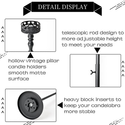 Floor Candle Holder Centerpieces for Tables,3Pcs Black Candle Holder for Pillar Candles Matte Metal Candlestick Set for Wedding Party Home Candles Holder for Ceremony Mantel Decor (Adjustable Height