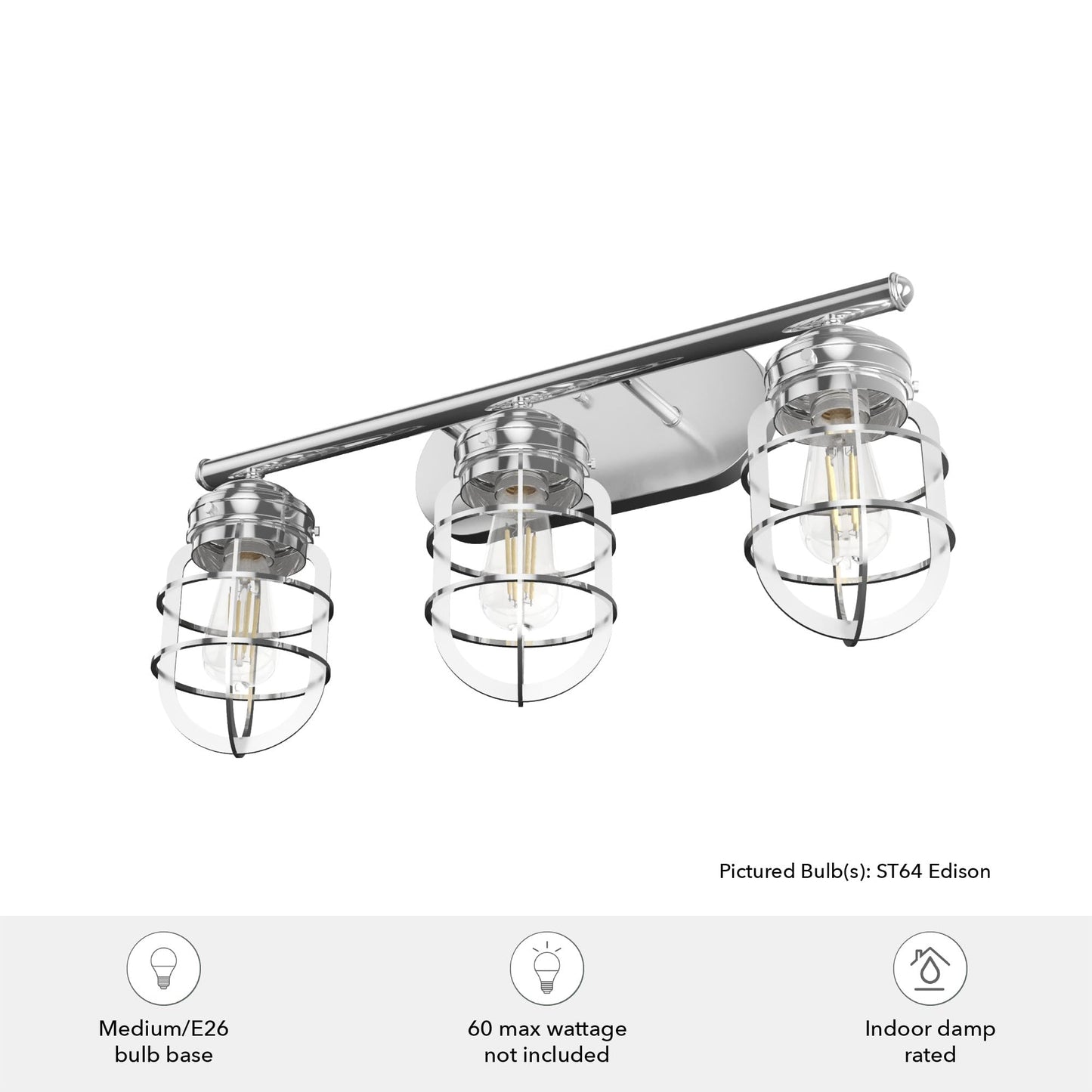 Hunter - Starklake 3-light Chrome, Medium Size Vanity Light, Dimmable, for Bedrooms, Kitchens, Foyers, Bathrooms - 19051