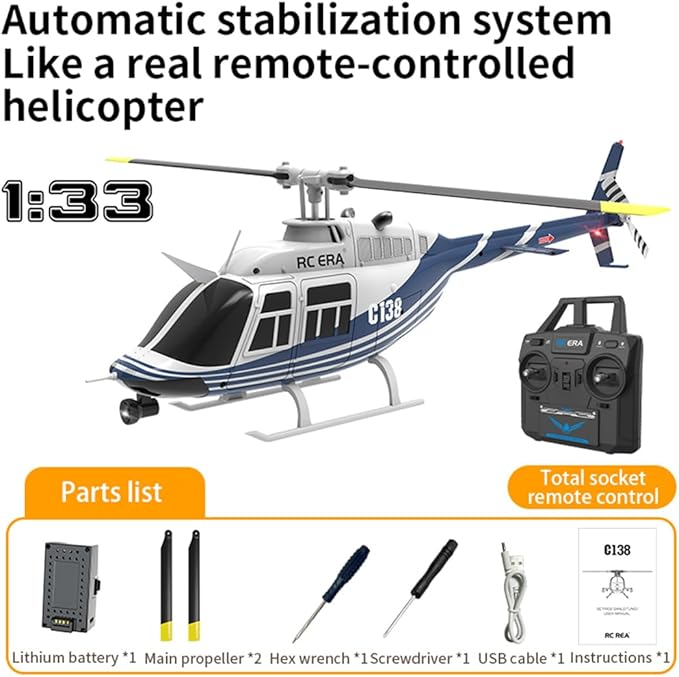 RC ERA C138 1/30 Scale 206 Helicopter for Adult 2.4G 6CH No Aileron Helicopter with Altitude Hold and Optical Flow Positioning 1 Battery (RTF Version/Blue&ampWhite)