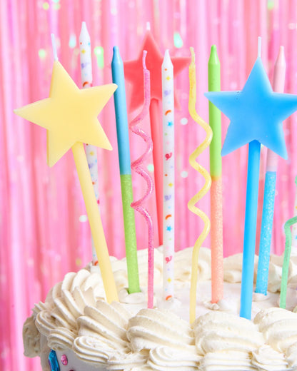 xo, Fetti Fun Novelty Birthday Candles - 14 Piece Set | Star Shaped, Glitter, Pastel Rainbow, Party Decorations, Celebrations, Sparkle, Unique Candles