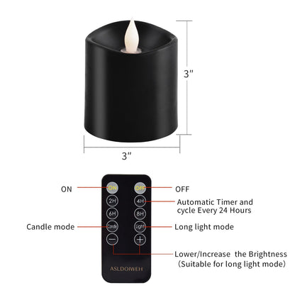 ASLDOIWEH 3x3 Flickering Flameless Candles Set of 1, 2AA Battery Life 600 Hours Battery Candles Flickering with Timer, 3 inch Flameless Candles with Remote for Indoor/Outdoor, Black