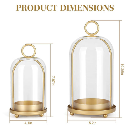 Versatile Metal Candle Holder Set with Handmade Glass Dome,Antique Brass Pillar Candle Stand, 5.2" & 4.1" Wide for Tabletop or Hanging, Industrial & Farmhouse Decor