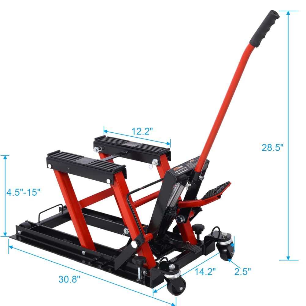 Hydraulic Motorcycle Lift Jack, 1500 LBS Capacity Scissor Lift Jack, Portable Motorcycle Lift Table with 4 Wheels, Hydraulic Foot-Operated H-oist Stand for Motorcycle UTV Black+Red One Size