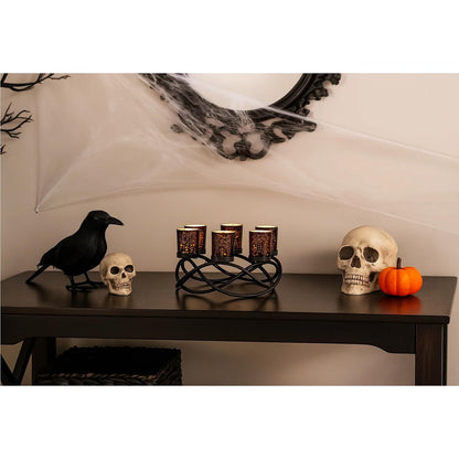 Seraphic Centerpieces for Halloween Table Decorations - Round Candle Holders for Outdoor Patio, Dining, Kitchen, Coffee & Wedding Table Decor, Black Iron Candelabra, 6 Black Glass Votive Tealight Cups