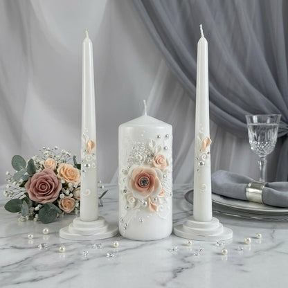 Magik Life Unity Candle Set - Wedding Ceremony & Reception – 6” Pillar & Two 10” Taper Candles – Long Burning Unity Candles for Marriage Ritual – Handmade in USA – White | Rose