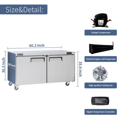 ICECASA 60" W Commercial Refrigerator Worktop Undercounter Refrigerator Double Door Stainless Steel Counter Fan Cooling Refrigerator 16.4 Cu.ft for Restaurant, Bar, Shop, etc
