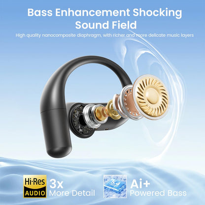 Piluyaa Open Ear Earbuds Bluetooth AI Ear Buds 60Hrs Playtime Wireless Over Headphones with Earhooks IPX7 Waterproof Touch Control Air Conduction Sport Headsets Earphones for Workout Running Black