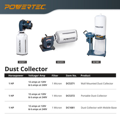 POWERTEC 1 HP, 560 CFM Wall Mount Dust Collector with 1 Micron Dust Collector Bags, Dust Collectors for Woodworking Dust Collection System (DC5371)