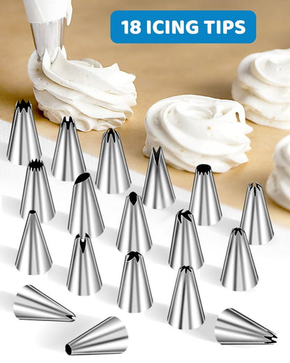 130 Pcs Piping Bags and Tips Set, Cakes Decorating Kit Supplies with 100 Pcs 12 Inch Piping Bags, 1 Reusable Pastry Bags, 18 Tips, 2 Couplers, 2 Bags Ties, 3 Clips, 1 Scriber Needle, 3 Cake Scraper