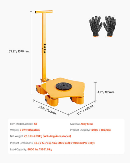 VEVOR Machine Skate, 8800 lbs Machinery Moving Skate, Machinery Mover Skate with 360° Rotation Cap and PU Swivel Rollers, Heavy Duty Industrial Machinery Mover with Handle for Warehouse, Workshop
