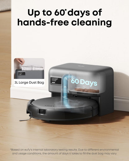 eufy Like-New C10 Robot Vacuum Self Emptying, 8 Weeks Hands Free, Advanced Smart Mapping with LiDAR Navigation, 2.85-Inch Slim Design, Powerful Suction, Edge Expansion Brush for Pet Hair（Renewed）