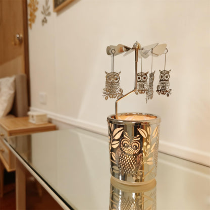 Carousel Rotary Candle Holder Spinning Birthday Gifts for Women, Mom, Wife, Girlfriend, Sister, Her, Metal Windmill Tea Light for Female Friends (Silver owl)