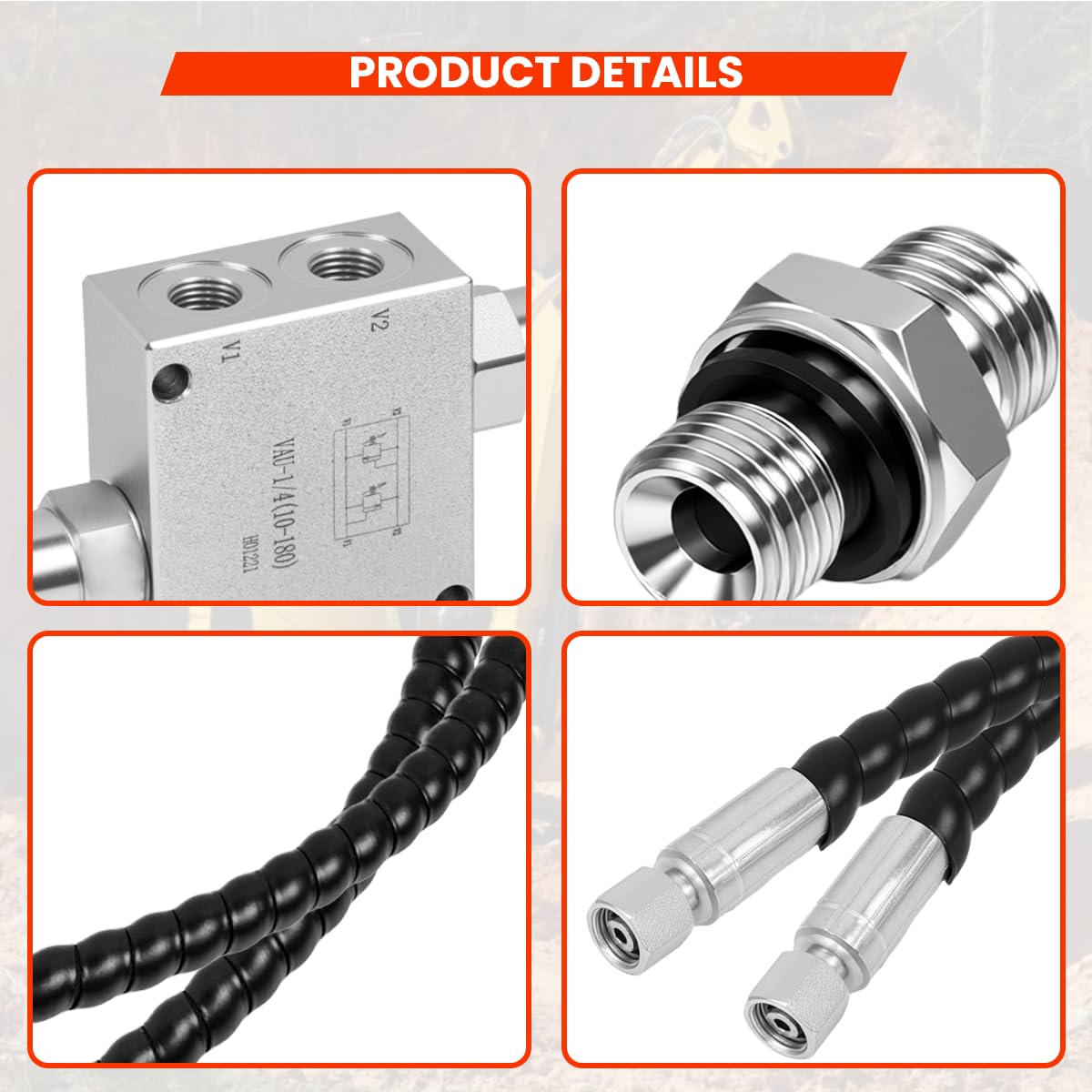 Mini Excavator Hydraulic Cushion Valve kit,1/4" Hydraulic Hoses and M14x1.5 Threaded Ends with Hydraulic Swivel Motor Buffer Dual Crossover Relief Cushion Valve