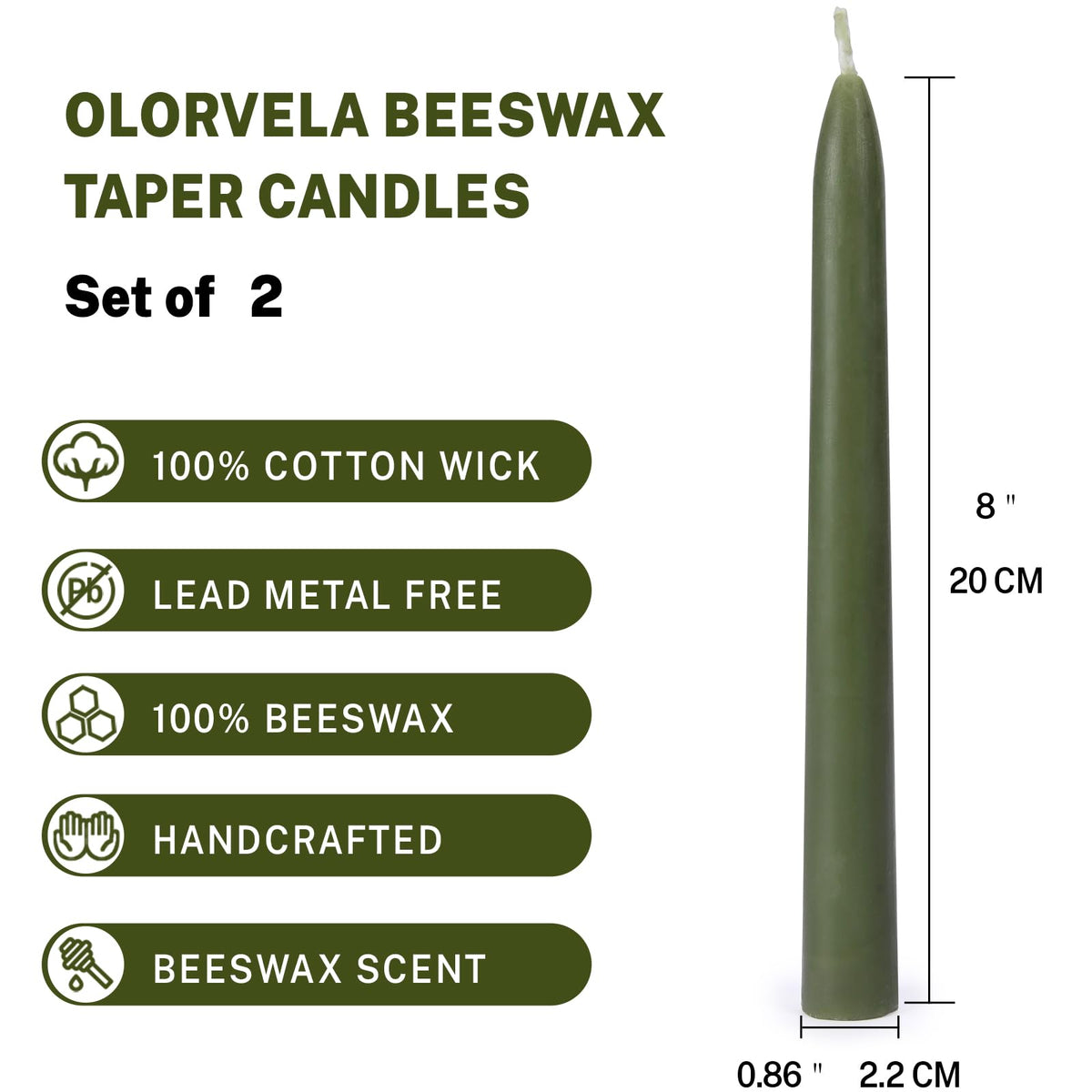 Olorvela Green Beeswax Taper Candles,8" Long Candlestick,smokeless dripless unscented Natural Beeswax Candles.for Gift,Mother's Day (Green, 12 Pack)