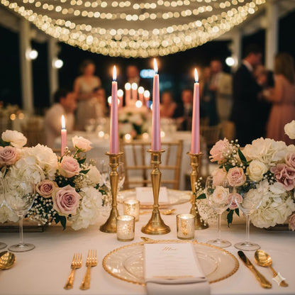 Light Pink Taper Candles 10'' with Pearl Shimmer Candle Sticks Set of 4 | Unscented Candlesticks for Home Decorations, Tapered Candles for Wedding Receptions Smokeless Dripless