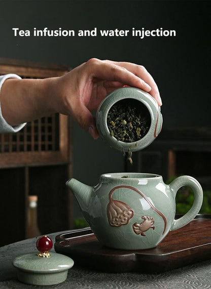 Porcelain Chinese Gongfu Tea Set | Ge Kiln Ceramics Tea maker and Infuser,Portable All in One Gift Bag for Travel,Home,Gifting,Outdoor and Office (哥窑陶瓷功夫茶具11件套装)