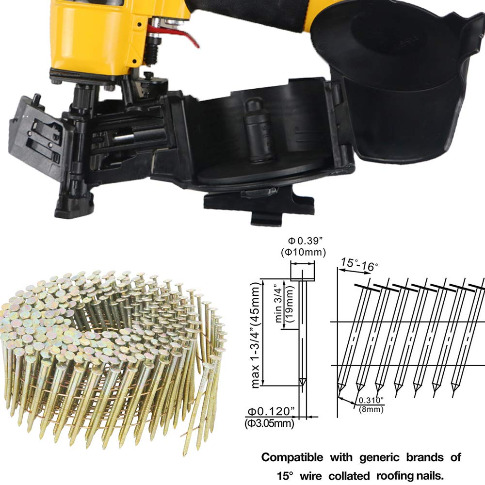BHTOP CN45N Roofing Nailer, 15 Degree Roofing Nail Gun & 3600 Count Coil Roofing Nails 3/4 Inch x .120-Inch