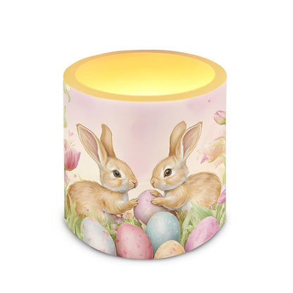 Merkmak Pack of 4 Easter Day Flameless Candles with Remote Battery Operated Candles with Timer Flickering LED Elictric Pillar Tealights for Party Decorations, Easter Egg Bunny Tulip