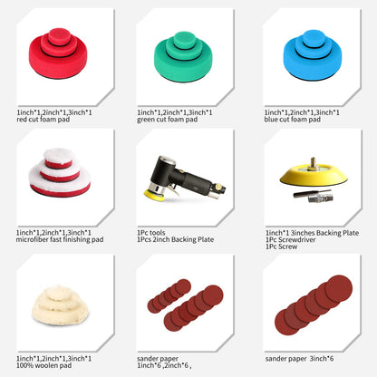 ZFE 1/2/3 Inch Random Orbital Air Sander, Mini Pneumatic Sander for Auto Body Work, High Speed Air Powered Polisher with 15 Polishing Buffing Pads,18 Sandpapers
