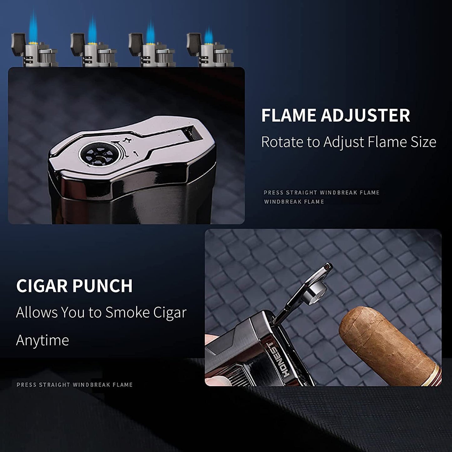 Torch Lighter Triple Jet Flame Refillable Butane Cigar Lighter Windproof Lighter with Cigar Punch Rest Holder - Butane Not Included (Gunmetal)