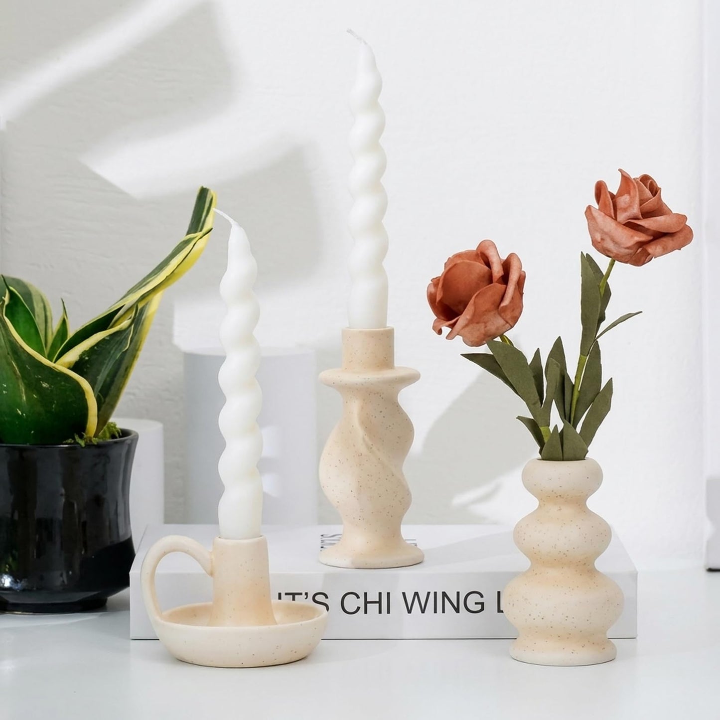 CabyGift Ceramic Taper Candle Holders Set of 3, Cream White Candlestick Holder Nordic Modern Decorative Candle Stand for Home Decor, Dining Table Centerpiece, Housewarming Gift