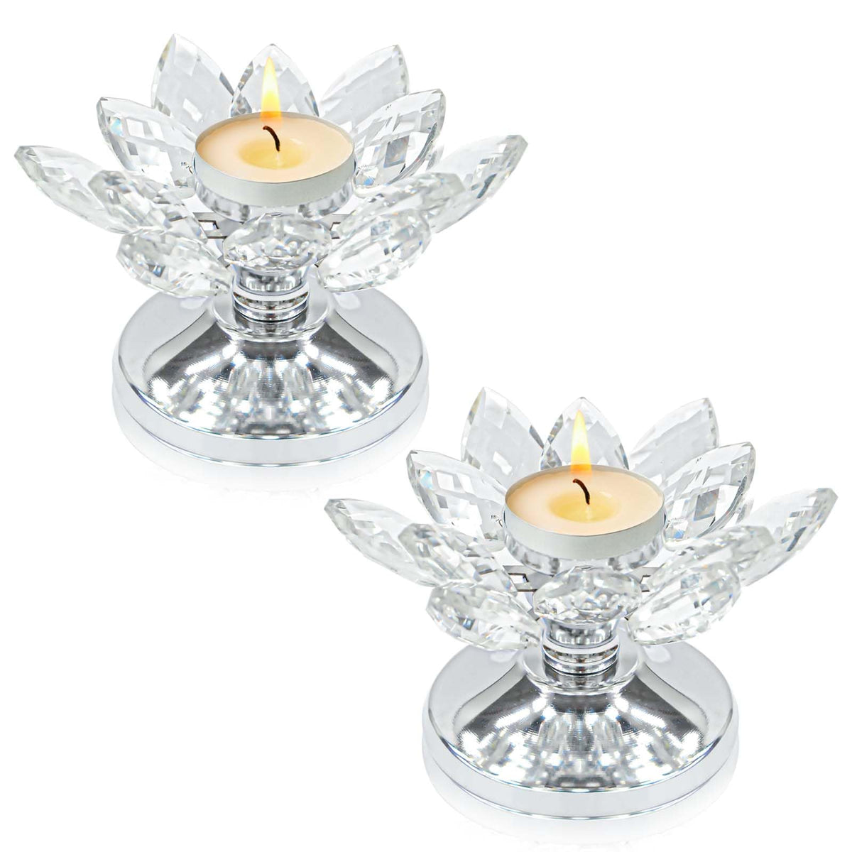 2 PCS Silver Crystal Flower Tea Light Holder, Glass Tealight Candlestick with Metal Base, Votive Candle for Table Centerpiece, Wedding, Parties Decor, Nice Gift