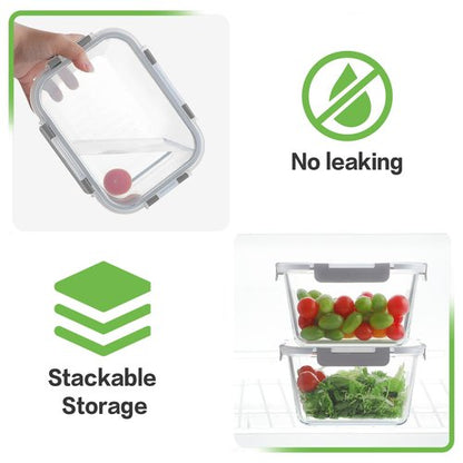 HOMBERKING 4 Pieces 63oz/8cup Large Glass Food Storage Containers with Lids, Meal Prep Containers, Airtight Bento Boxes with Leak Proof Locking (2 Containers 2 Lids), Microwave,Oven,Fridge Safe-Grey
